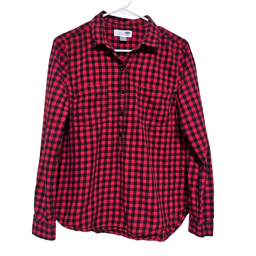 Old Navy Flannel Shirt Womens Red Black Buffalo Plaid Button Front Medium